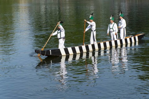 Fishermen's punt on the Danube, an old custom in Ulm, Swabian Alb, Baden-Württemberg, Germany