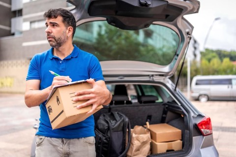 Delivery man with blue inform checking packages and address next to car in the city