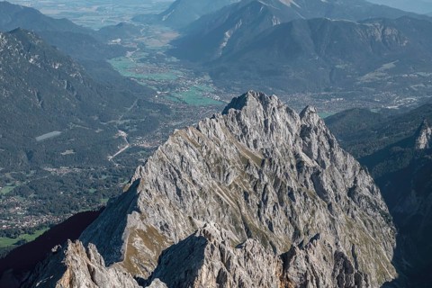 View from the Zugspitze to Garmisch-Partenkirchen, Wetterstein range, Upper Bavaria, Bavaria,