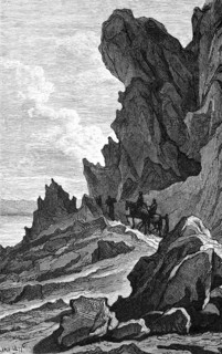Mountain landscape with pass above Lake Skutari or Lake Shkodra, narrow path, rocks, two riders,