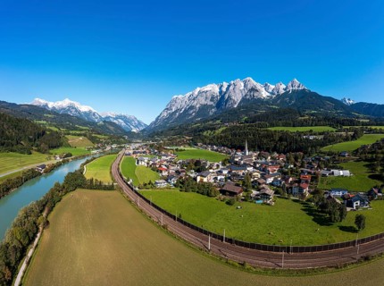 Drone shot, view of village with church, Pfarrwerfen, Tennengebirge, Salzachtal, Pongau, Salzburg