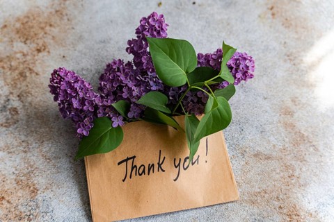 A charming arrangement of vibrant lilac flowers and leaves rests on a handwritten Thank You card,
