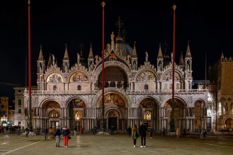 St. Mark's Square in front of St. Mark's Cathedral at night, Venice, San Marco district, Veneto