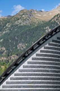 Detailed sloping roof, Roman Catholic church of San Giovanni Battista, built in the same place as