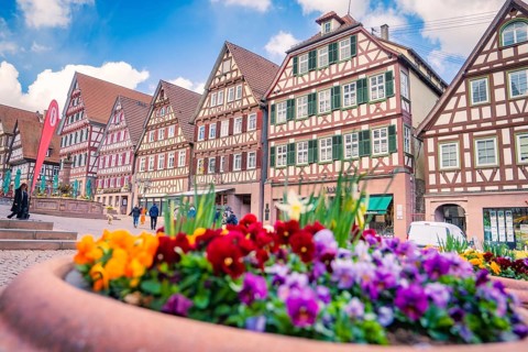 Colourful blossoms in a flower bed complement the charming backdrop of the old half-timbered