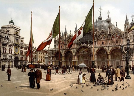 St. Mark's Church and the clock, Venice, Italy, Historic, digitally restored reproduction from a