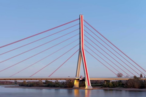 Fleher Bridge between Düsseldorf and Neuss, cable-stayed bridge from 1979, blue hour, Düsseldorf,