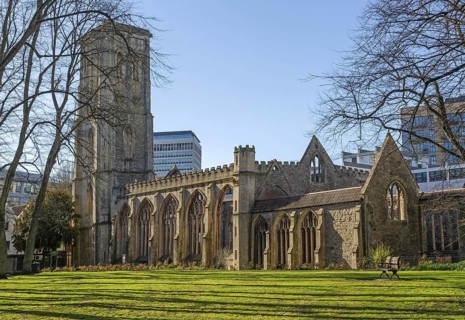 Ruins of Temple Church, Church of the Holy Cross, bombed in 1940, Redcliffe, Bristol, England, UK