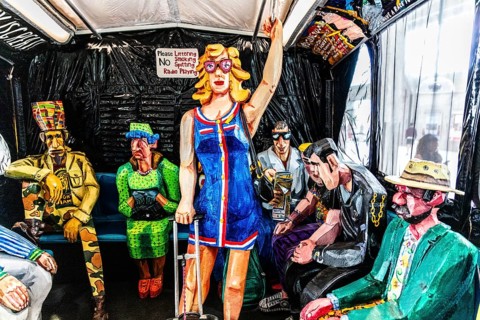 Sculpture The Bus by artist Red Grooms, depicting hectic city life with various passengers, FENIX,