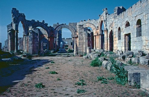 Basilicas, column base in the centre, Monastery of Saint Simeon Stylites, Qal?at Sim?an, near