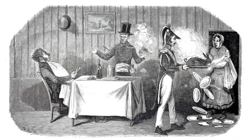 Situation in which a man in upscale clothing is served by a waiter while a woman drops dishes in