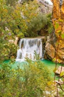 Beautiful landscape in the waterfalls next to the path on the Vero River walkways in Alquezar.