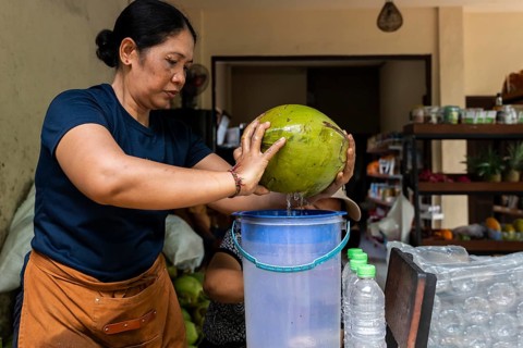 A woman expertly opens a fresh coconut, pouring its water into a container. The scene captures the