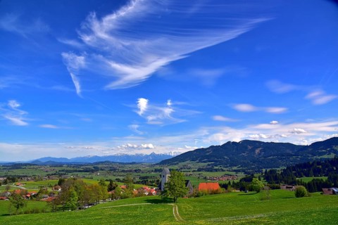 Panorama above the church of St. Michael from Mittelberg in Ostallgäu, Bavaria, Germany