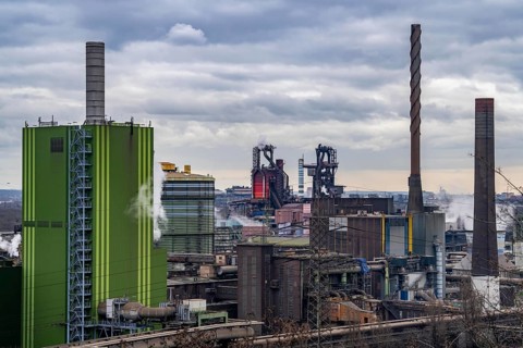 Duisburg-Bruckhausen steel site, ThyssenKrupp Steel, front, green, Hamborn gas-fired cogeneration
