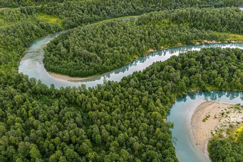 Meander of the Storelva River, east of Tromsø, aerial view, Norway