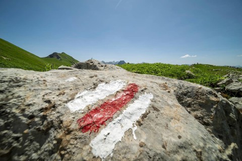 Trail marker on the Laufbacher-Eckweg, a demanding high-altitude hiking trail from Höfatsblick