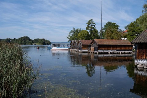 Boathouses on the Staffelsee, Seehausen, Upper Bavaria, Bavaria, Germany