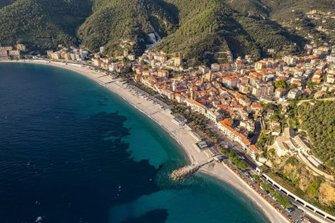 Noli and the coast seen from the air, Noli, Riviera di Ponente, Liguria, Italy
