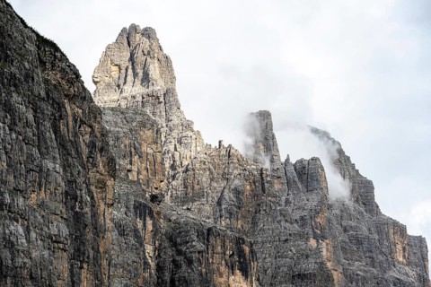 Cliffs and pinnacles in fog, Brenta Mountains, Brenta-Adamello Natural Park, Trentino, Italy