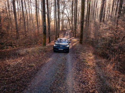 A car on an autumnal forest path, surrounded by tall trees, car sharing, electric car, Volkswagen