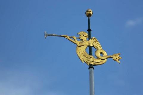 Golden weather vane, cutout, golden angel with trumpet, detail, Engel Apotheke, Bad Homburg, Hesse,