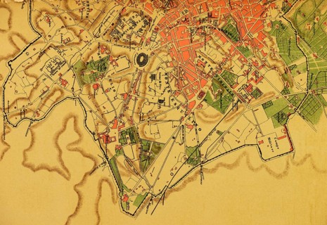 Detail from city map Roma Moderna, ancient Rome, 19th century, Montes Mountains, Circo Maximo,