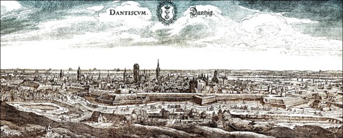 Panoramic view of Danzig or Gdansk, 17th century, Poland, Europe, Historische Zeichnung,