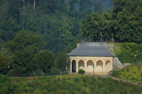 Rococo Schanzengarten, house with arcade and columns, Upper Castle, Greiz, Vogtland, Thuringia,