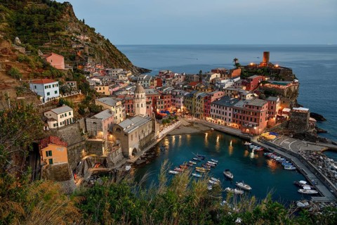 Vernazza fishing village, blue hour, Cinque Terre, La Spezia province, Liguria, Italy