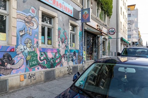 Colourful facade painting on a shop in Alaunstraße, Neustadt, Dresden, Saxony, Germany