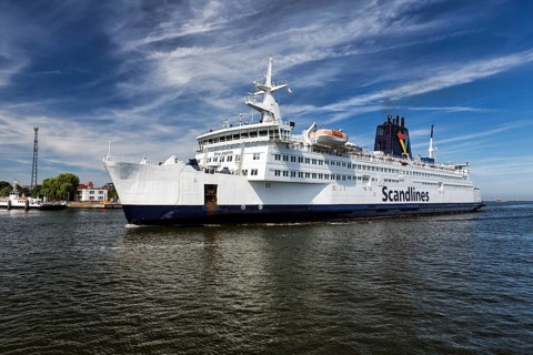 Ferry Prins Joachim enters port, Scandlines shipping company, Warnemünde, Rostock,