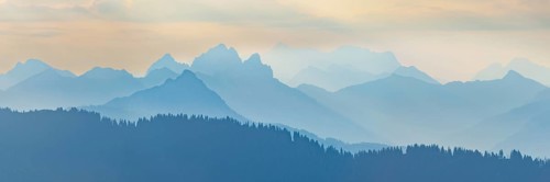 Mountain panorama from Grünten, 1783m, to the Tannheim mountains, Allgäu Alps, Tyrol, Austria