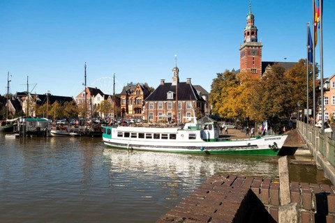 Museum harbour, town hall, Leer, East Frisia, Lower Saxony, Germany