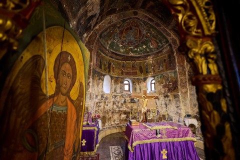 Magnificent murals in a church depicting religious scenes in vivid colours, Thari Monastery, Moni