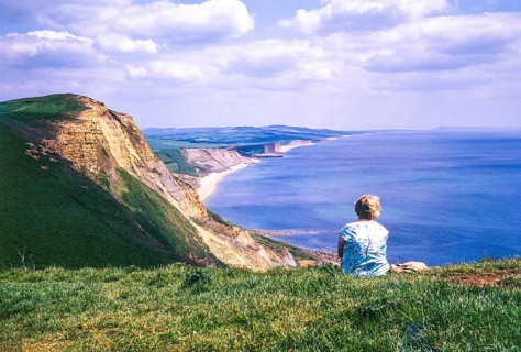 View to the east along the coast from Golden Cap to Portland, Dorset, England, UK 1973