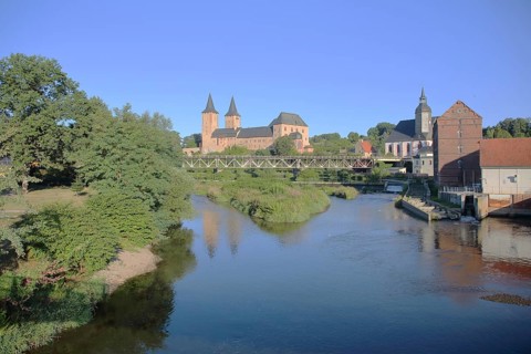 Castle with twin towers, St. Peter's church and footbridge across the Zwickauer Mulde, river,
