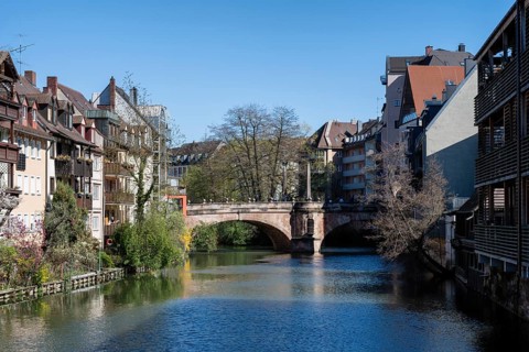 View over the Pegnitz river with the Charles Bridge in the old town of Nuremberg, Middle Franconia,