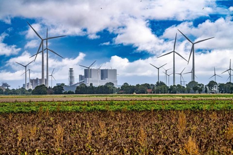RWE coal-fired power plant Eemshavencentrale, in the seaport of Eemshaven, operator RWE Power, wind