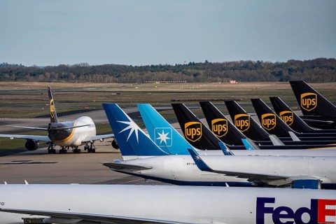 Cologne-Bonn airport, CGN, air freight center, UPS Logisic Hub, UPS cargo aircraft on the apron,