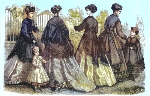 Four woman and two girls in the current spring fashion, costumes and confections by Madame
