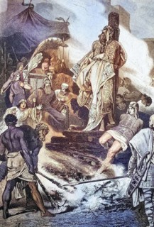 Croesus on the pyre, coloured wood engraving, reproduction from a model from ca 1888, historical,