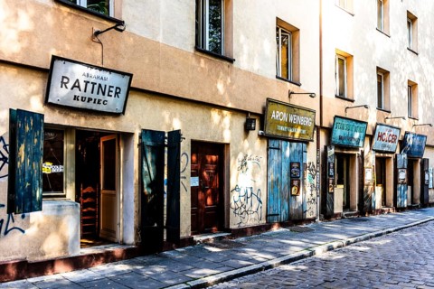Shop fronts on Szeroka Street, signs bearing Polish and Jewish names, Kazimierz, a historically