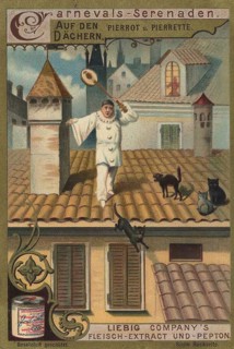 Picture series of carnival serenades, Pierrot on a roof with cats, picture of love, digitally