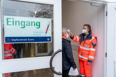 Entrance area with fever measurement, test run in the vaccination centre for the corona