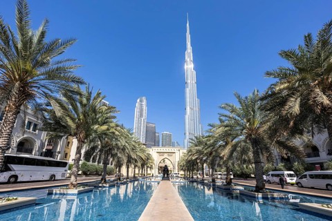 Dubai Burj Khalifa Skyline tallest building in the world with Palace Hotel in Downtown Dubai,