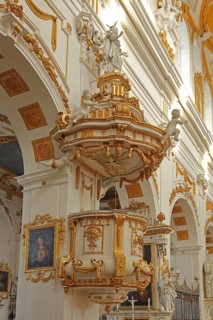 Magnificent pulpit with pulpit bonnet built in 1785 by the master builder Johann Michael fisherman,