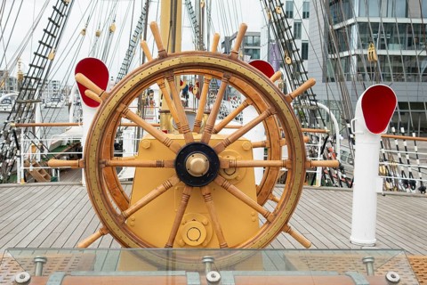 Steering wheel, sailing ship, training ship Germany, Bremerhaven, Germany