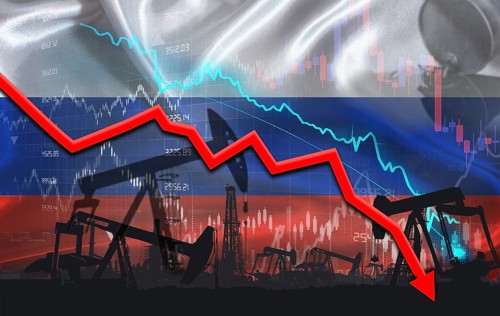 Crude crisis with Russian flag on financial graph. Fall oil price with flag of Russia on economic