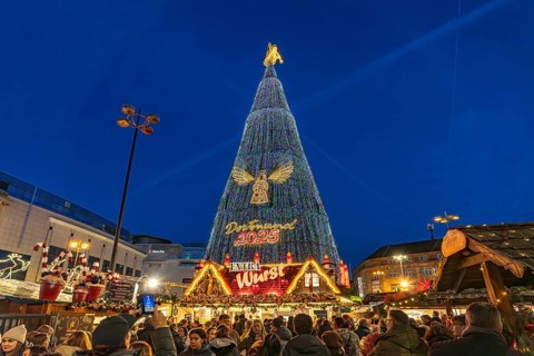 The huge Christmas tree at Dortmund's Christmas market at dusk, Dortmund, North Rhine-Westphalia,